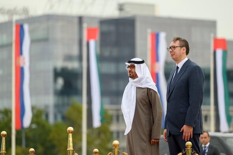 Sheikh Mohamed and Mr Vucic stand for the national anthems. Photo: Mohamed Al Hammadi / Presidential Court