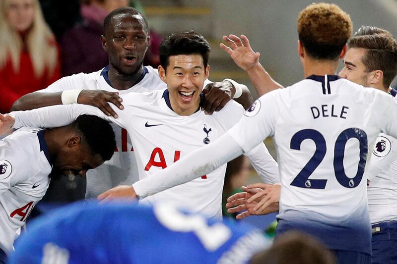 Soccer Football - Premier League - Leicester City v Tottenham Hotspur - King Power Stadium, Leicester, Britain - December 8, 2018   Tottenham's Son Heung-min celebrates scoring their first goal with team mates    REUTERS/Darren Staples    EDITORIAL USE ONLY. No use with unauthorized audio, video, data, fixture lists, club/league logos or "live" services. Online in-match use limited to 75 images, no video emulation. No use in betting, games or single club/league/player publications.  Please contact your account representative for further details.