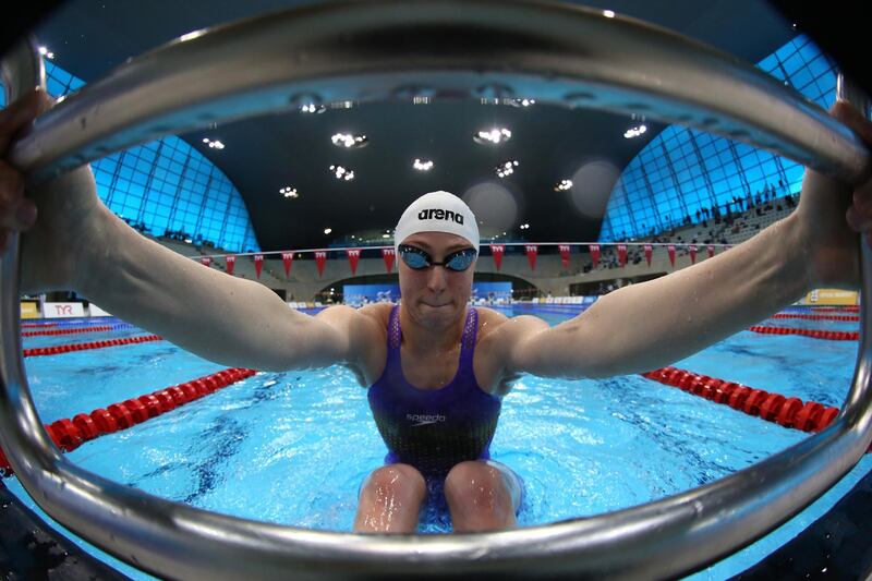 Cassie Wild before the start of the women's 100m backstroke heats during the British trials for the Tokyo Olympics at the London Aquatics Centre on Wednesday, April 14. Getty