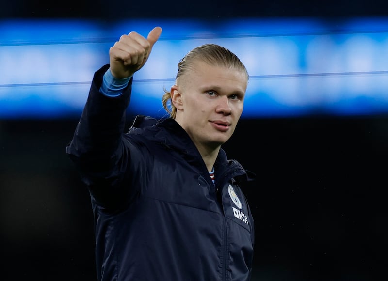 Manchester City's Erling Haaland celebrates after scoring a hat-trick in the 6-0 FA Cup win against Burnley at the Etihad Stadium on March 18, 2023. Action Images