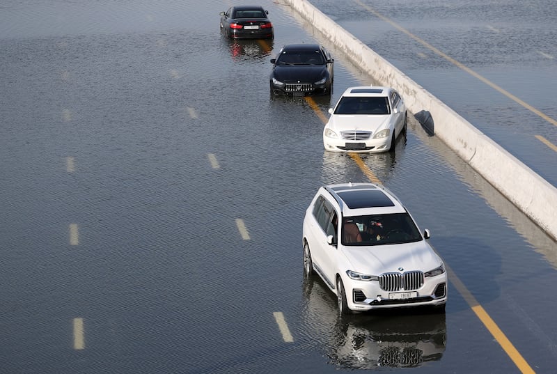 Flooding on Dubai's Al Khail Road. Chris Whiteoak / The National