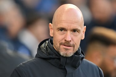 Manchester United's Dutch manager Erik ten Hag looks on ahead of kick off in the English Premier League football match between Brighton and Hove Albion and Manchester United at the American Express Community Stadium in Brighton, southern England on May 4, 2023.  (Photo by Glyn KIRK / AFP) / RESTRICTED TO EDITORIAL USE.  No use with unauthorized audio, video, data, fixture lists, club/league logos or 'live' services.  Online in-match use limited to 120 images.  An additional 40 images may be used in extra time.  No video emulation.  Social media in-match use limited to 120 images.  An additional 40 images may be used in extra time.  No use in betting publications, games or single club/league/player publications.   /  