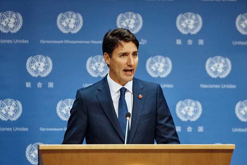 Canadian Prime Minister Justin Trudeau speaks during a press conference at UN headquarters. AP