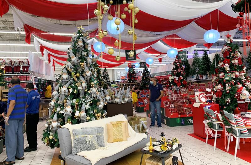 DUBAI , UNITED ARAB EMIRATES , November 22 – 2020 :- Christmas decorative items on display at the Carrefour hypermarket in Ibn Battuta mall in Dubai. ( Pawan Singh / The National ) For News/Standalone/Online/Instagram