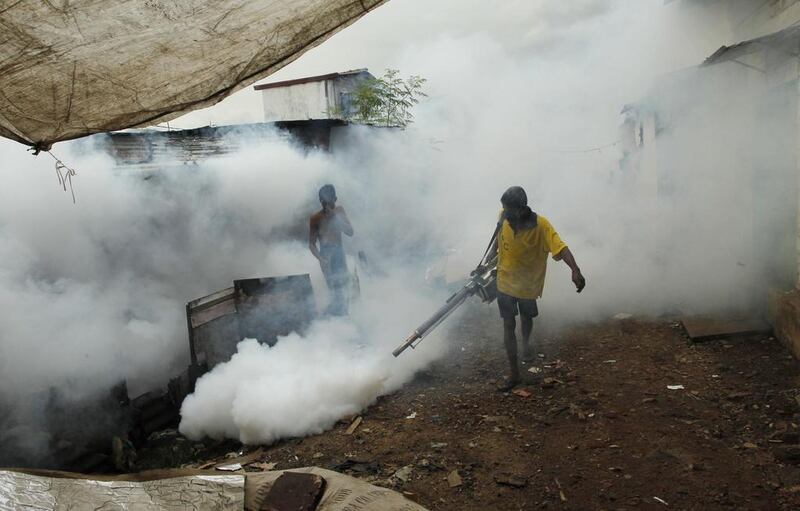 A Sri Lankan labourer fumigates buildings to control mosquitoes in Colombo. Eranga Jayawardena / AP