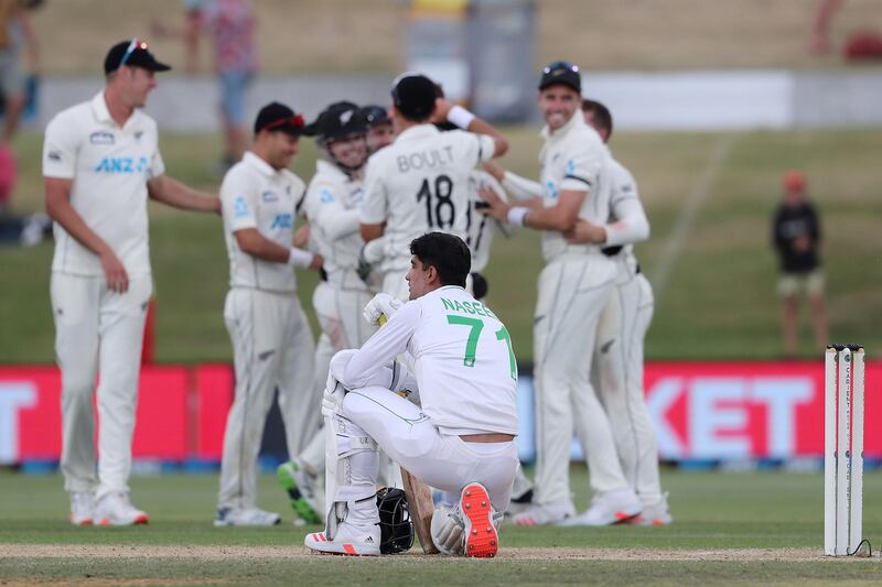 New Zealand celebrate their victory after taking the final wicket of Pakistan's Naseem Shah. AFP