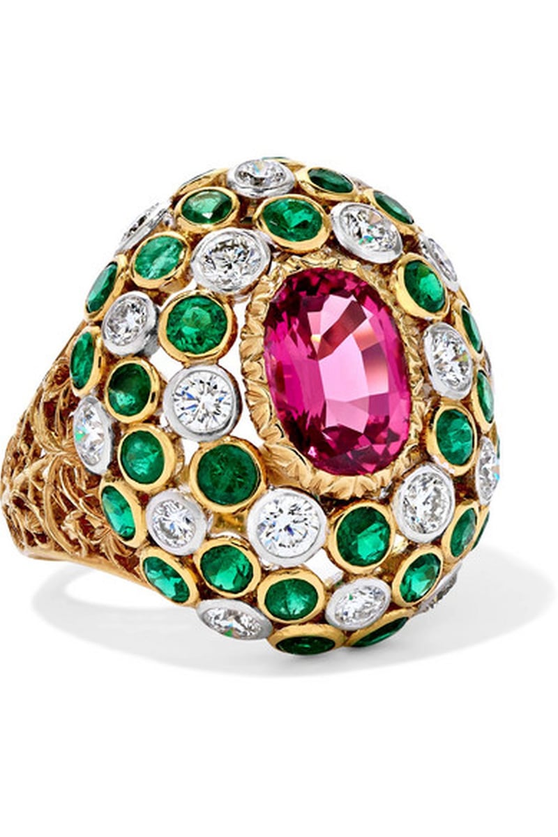 <p>18-karat yellow and white gold multi-stone ring, Dh263,900, Buccellati on Net-a-Porter</p>
