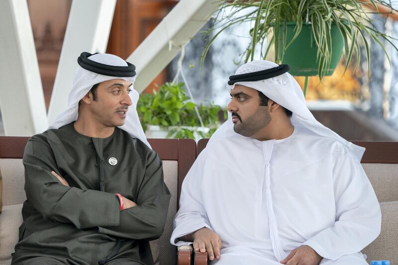 ABU DHABI, UNITED ARAB EMIRATES - February 05, 2019: HH Sheikh Hazza bin Zayed Al Nahyan, Vice Chairman of the Abu Dhabi Executive Council (L) speaks with HH Sheikh Mohamed bin Hamad Al Sharqi, Crown Prince of Fujairah (R), during a Sea Palace barza.

( Rashed Al Mansoori / Ministry of Presidential Affairs )
---