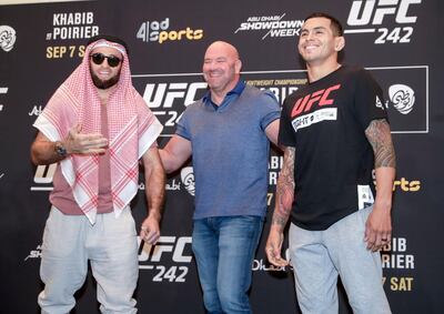 Abu Dhabi, United Arab Emirates, September 5, 2019.   STORY BRIEF: UFC Ultimate Media Day at the Yas Hotel.  --  
 (L-R) Mairbek Taisumov, Dana White  and Diego Ferreira – UFC lightweight.
Victor Besa / The National
Section:  SP
Reporter:  Dan Sanderson
