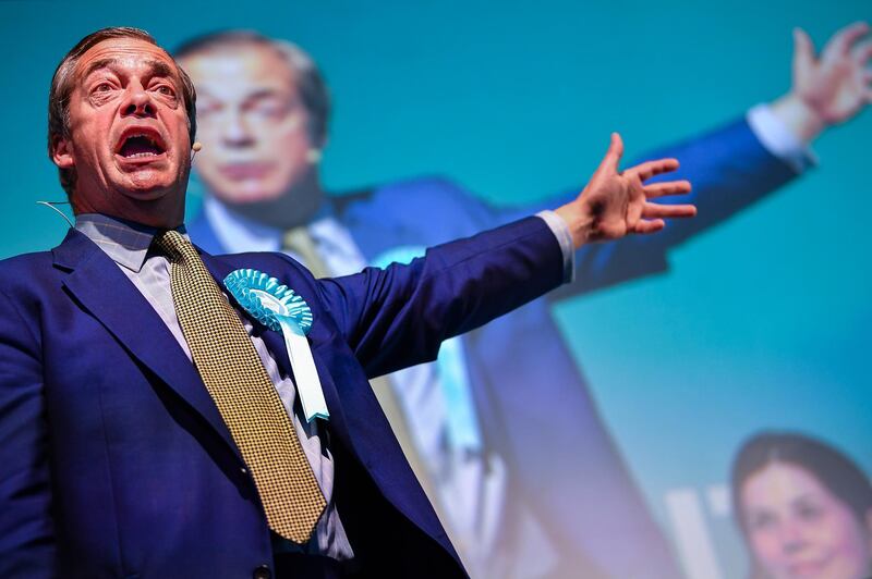 EDINBURGH, SCOTLAND - MAY 17: Nigel Farage attends a rally with the Brexit Partys European election candidates at the Corn Exchange in Edinburgh on May 17, 2019 in Edinburgh, Scotland. The Brexit Party leader was speaking at his first Scottish rally of the European election campaign. (Photo by Jeff J Mitchell/Getty Images)