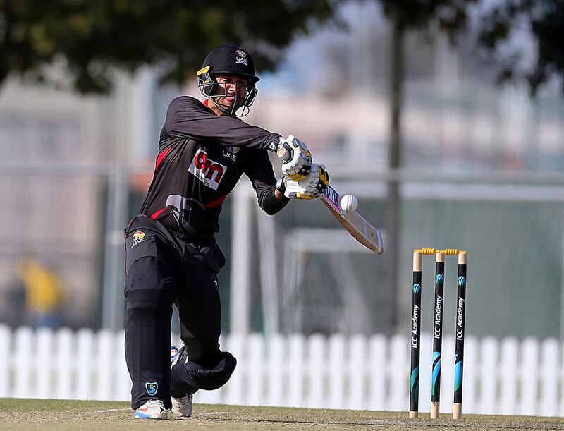 UAE captain Rohan Mustafa, seen here in an ODI against Ireland, scored 36 runs on Day 1 of the UAE's Intercontinental Cup match. Satish Kumar / The National