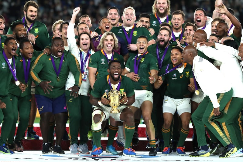 Siya Kolisi of South Africa lifts the Web Ellis cup following his team's victory against England in the Rugby World Cup 2019 Final between England and South Africa at International Stadium Yokohama in Yokohama, Kanagawa, Japan. Gettty Images