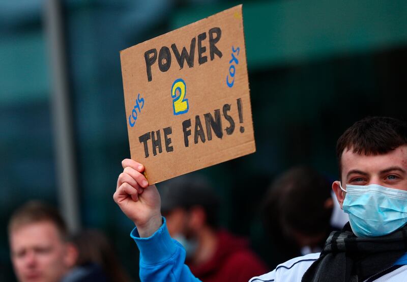 Tottenham supporters protest in front of Tottenham Hotspur Stadium prior to the maatch against Southampton. EPA