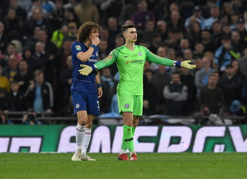 epa07393935 Chelsea's goalkeeper Kepa Arrizabalaga (R) reacts as he should be substituted during extra time of the English League Cup final between Chelsea FC and Manchester City at Wembley stadium in London, Britain, 24 February 2019.  EPA/NEIL HALL EDITORIAL USE ONLY. No use with unauthorized audio, video, data, fixture lists, club/league logos or 'live' services. Online in-match use limited to 120 images, no video emulation. No use in betting, games or single club/league/player publications
