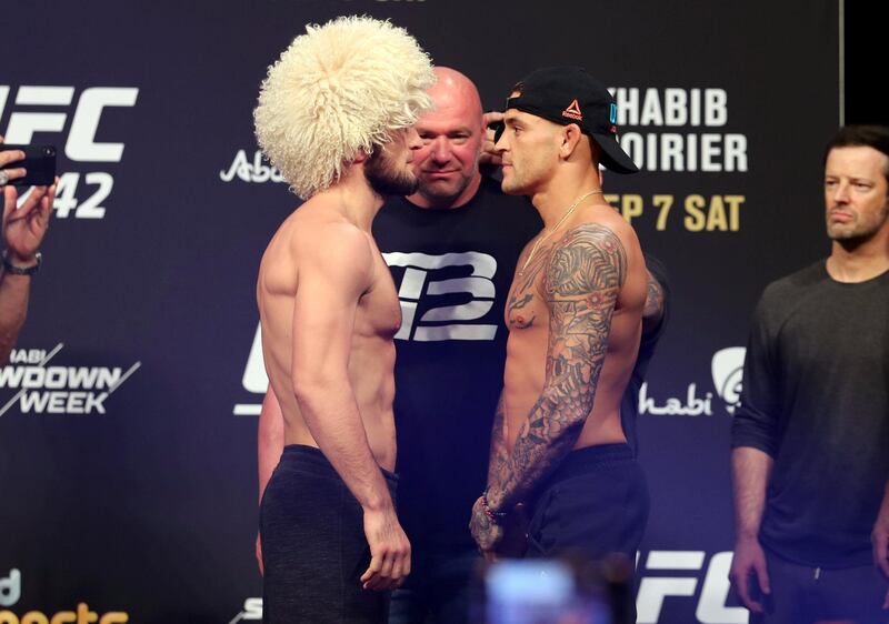 Abu Dhabi, United Arab Emirates - September 06, 2019: Khabib Nurmagomedov and Justin Poirier square off at UFC 242 weigh in. Friday the 6th of September 2019. Yes Island, Abu Dhabi. Chris Whiteoak / The National