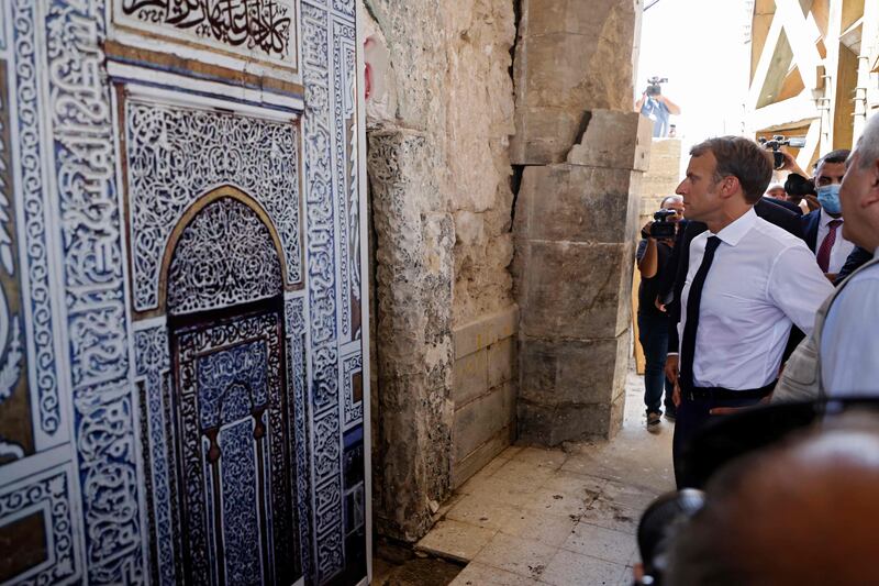 French President Emmanuel Macron tours the Al-Nuri Mosque in Iraq's second city of Mosul. AFP