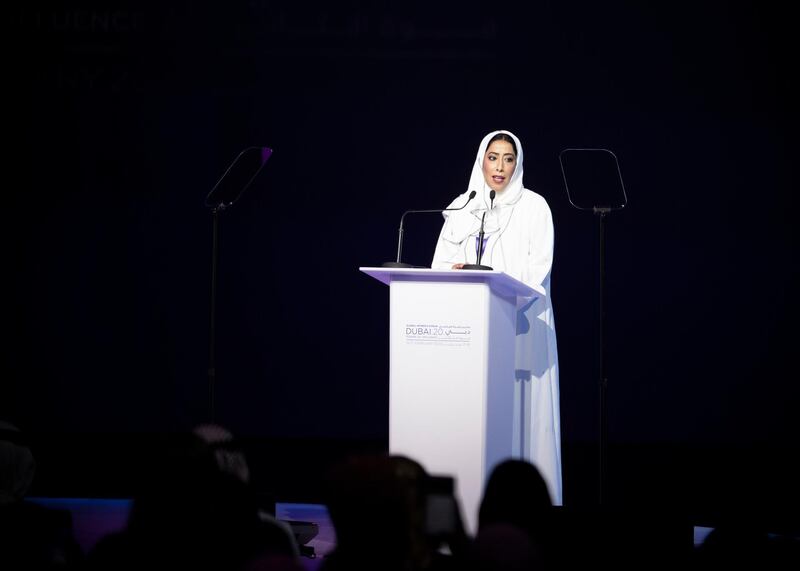 DUBAI, UNITED ARAB EMIRATES. 16 FEBRUARY 2020. 
Muna Ghanim Ghanim Al Marri, Chairmanperson of Dubai Women's Establishment, speaking at Global Women’s Forum Dubai.
(Photo: Reem Mohammed/The National)

Reporter:
Section: