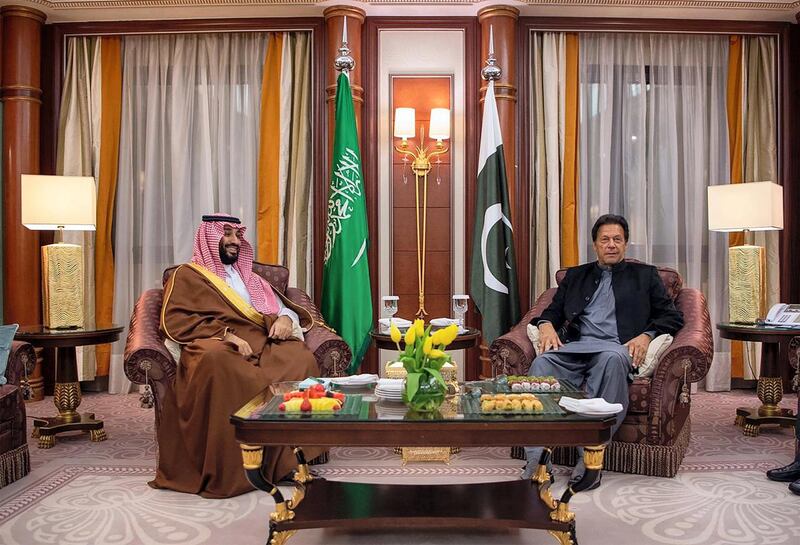Pakistan's Prime Minister Imran Khan meets Saudi Arabia's Crown Prince Mohammed bin Salman during a one-day visit to the kingdom. SPA