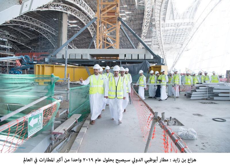 Sheikh Hazza bin Zayed, Deputy Chairman of the Abu Dhabi Executive Council, tours the Midfield Terminal Building at Abu Dhabi International Airport on Sunday. Stretching over 742,000 square metres, the building will be the largest in Abu Dhabi and will be visible from more than 1.5 kilometres away. Wam