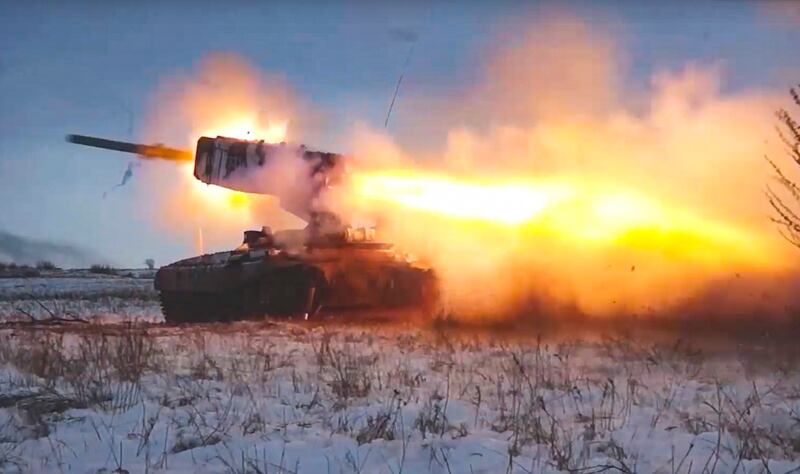 A rocket launcher is fired during drills by the Russian military. Moscow denies planning to invade Ukraine. EPA
