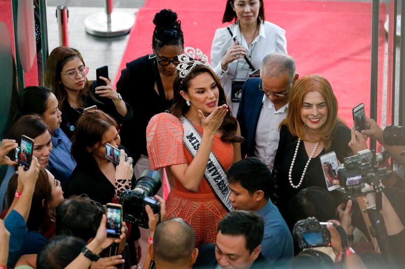 Miss Universe Catriona Gray gestures a kiss during her arrival at the Novotel Hotel in Quezon City, Philippines. EPA