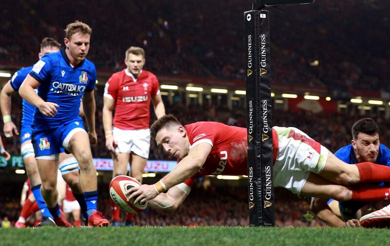 Walesâ€™ Josh Adams scores his side's second try of the game during the Guinness Six Nations match at the Principality Stadium, Cardiff. PA Photo. Picture date: Saturday February 1, 2020. See PA story RUGBYU Wales. Photo credit should read: Adam Davy/PA Wire. RESTRICTIONS: Editorial use only, No commercial use without prior permission.