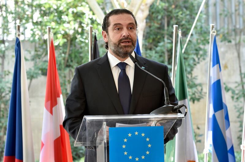 Lebanese Prime Minister Saad Hariri speaks during the official opening of the new building of the European Union delegation to Lebanon, in Beirut, Lebanon, Tuesday, Feb. 26, 2019. (Wael Hamzeh/Pool via AP)