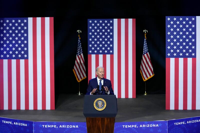 President Joe Biden speaks about democracy and the legacy of the late senator John McCain in Tempe, Arizona, on September 28. AP
