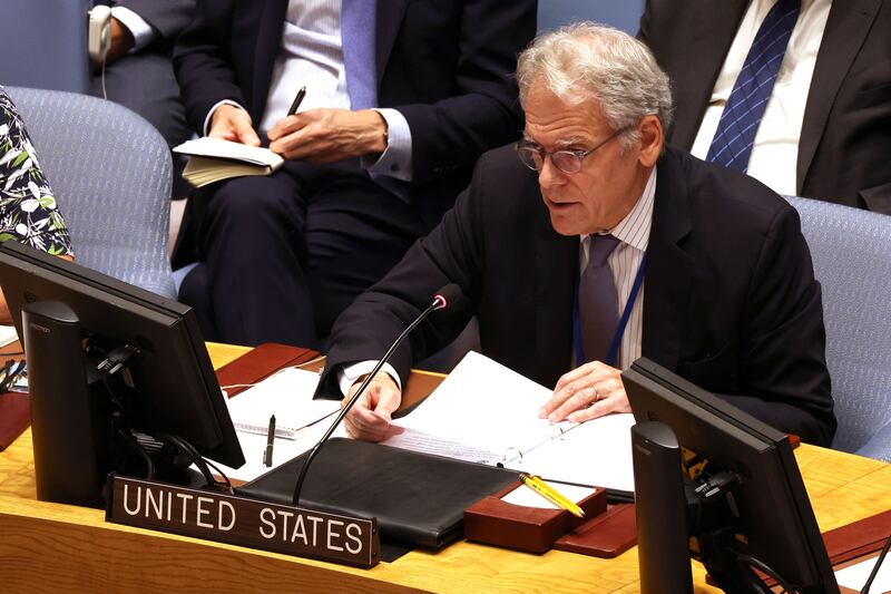 Jeffrey DeLaurentis, US ambassador for special political affairs, speaks during a UN Security Council meeting on the situation at the Zaporizhzhia nuclear power plant in Ukraine. Getty Images / AFP