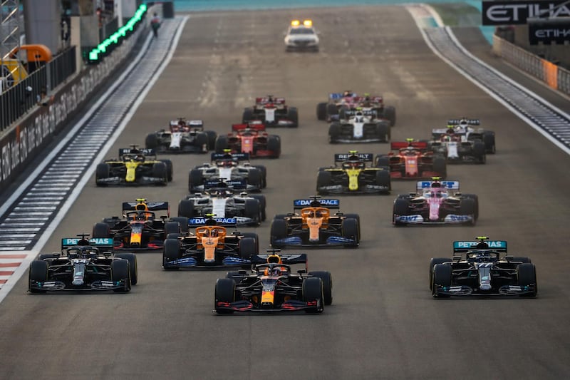 epa08881983 A handout photo made available by the FIA of Dutch Formula One driver Max Verstappen (C) of Aston Martin Red Bull Racing leading the pack on his way to win the Formula One Grand Prix of Abu Dhabi at Yas Marina Circuit in Abu Dhabi, United Arab Emirates, 13 December 2020.  EPA/FIA/F1 HANDOUT  HANDOUT EDITORIAL USE ONLY/NO SALES *** Local Caption *** BAHRAIN, BAHRAIN - NOVEMBER 26: <<enter caption here>> during previews ahead of the F1 Grand Prix of Bahrain at Bahrain International Circuit on November 26, 2020 in Bahrain, Bahrain. (Photo by Rudy Carezzevoli/Getty Images)
