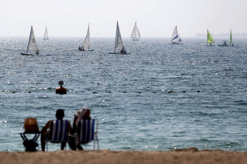 People head to the beach for Sand, swimming and sailing on the bank holiday weekend in Dubai on May 14th, 2021. Chris Whiteoak / The National. 
Reporter: N/A for News