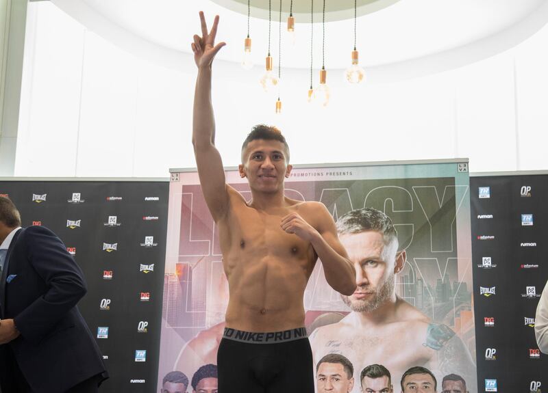 Dubai, United Arab Emirates -Al Bloushi (UAE) at  weigh-in for his bout with Suraj (India) at Leva Hotel, Sheikh Zayed Road.  Leslie Pableo for The National for Amith Pasella's story