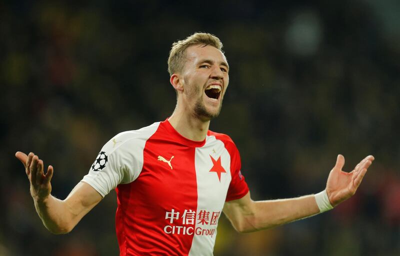 Soccer Football - Champions League - Group F - Borussia Dortmund v Slavia Prague - Signal Iduna Park, Dortmund, Germany - December 10, 2019  Slavia Prague's Tomas Soucek celebrates scoring their first goal   REUTERS/Leon Kuegeler