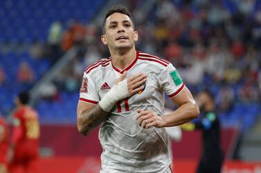 UAE's forward Caio Canedo celebrates after scoring the opening goal during the FIFA Arab Cup 2021 group B football match between UAE and Syria at the Ras Abu Aboud Stadium in Doha on November 30, 2021.  (Photo by JACK GUEZ  /  AFP)