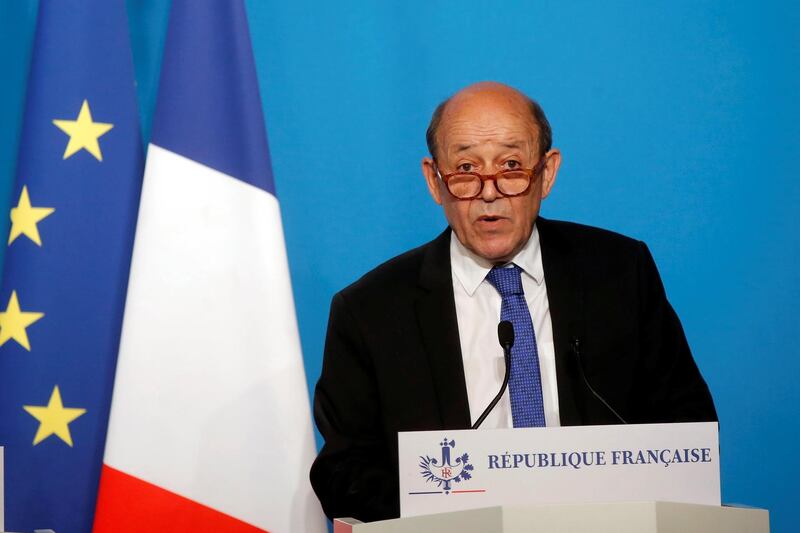 French Minister for Foreign Affairs Jean-Yves Le Drian makes an official statement in the press room at the Elysee Palace, in Paris, France. The French military on Saturday targeted Syria's main chemicals research centre as well as two other facilities, hours after President Emmanuel Macron ordered a military intervention in Syria. Reuters