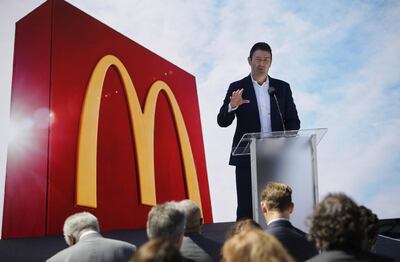 FILE: Steve Easterbrook, chief executive officer of McDonald's Corp., speaks during the opening of the company's new headquarters in Chicago, Illinois, U.S., on Monday, June 4, 2018. McDonald’s Corp. fired Easterbrook because he had a consensual relationship with an employee, losing the strategist who revived sales with all-day breakfast and led the company’s charge into delivery and online ordering. Photographer: Joshua Lott/Bloomberg