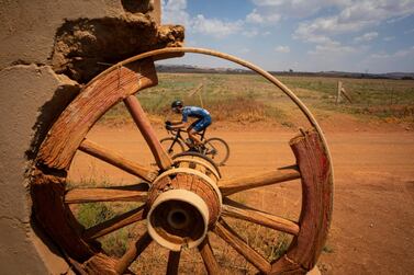 Dusty Day, the eventual winner, during the inaugural SouthxSoutheast Gravel Fondo bike race on the dirt roads south ofJohannesburg, South Africa, on Sunday, October 20. EPA