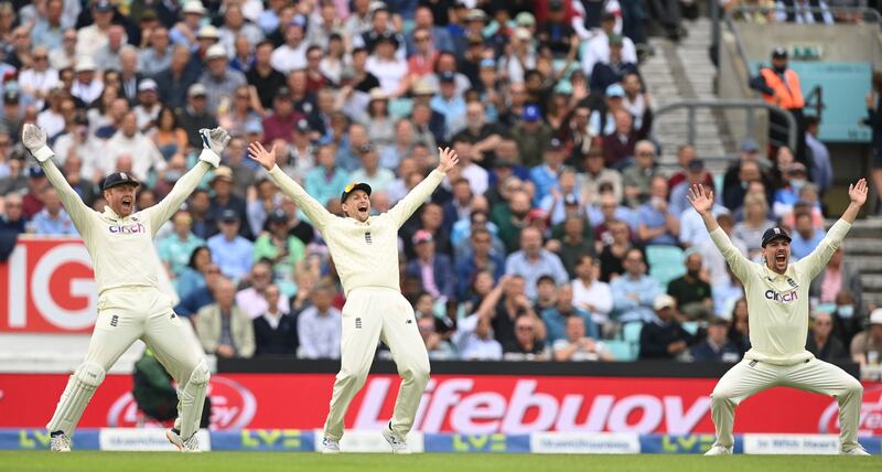 England's Jonny Bairstow, captain Joe Root and Rory Burns appeal unsuccessfully for a wicket on Day 1 of the fourth Test against India at The Oval on Thursday, September 2. AFP