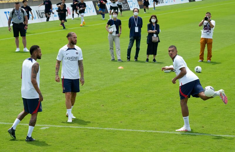 PSG players Neymar, Sergio Ramos and Kylian Mbappe in action. EPA