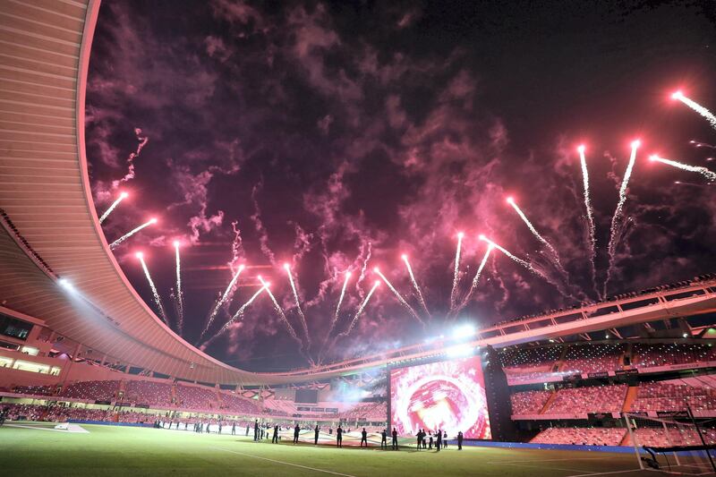 Fireworks light up the sky before the game between Shabab Al Ahli and Al Nasr in the PresidentÕs Cup final in Al Ain on May 16th, 2021. Chris Whiteoak / The National. 
Reporter: John McAuley for Sport