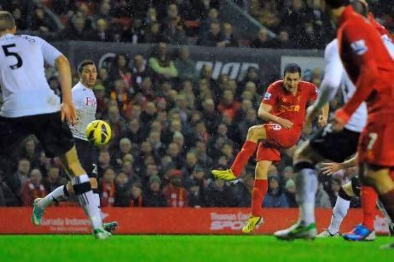 Stewart Downing, third from right, scored his first goal for Liverpool in 16 months on Saturday against Fulham.
