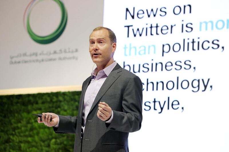 
DUBAI , UNITED ARAB EMIRATES , APRIL 3   – 2018 :- Peter Greenberger , Global Director , News Partnerships , Twitter speaking during the Arab Media Forum held at Madinat Jumeirah in Dubai. ( Pawan Singh / The National ) For News. Story by Nick Webster 
