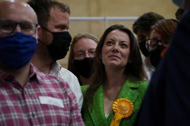 Sarah Green of the Liberal Democrats enjoys the moment after winning the Chesham and Amersham by-election. AP
