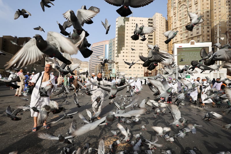 Doves and pilgrims outside the Grand Mosque in Makkah. Reuters