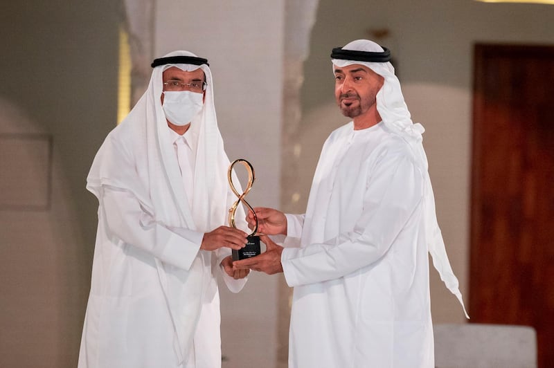 ABU DHABI, UNITED ARAB EMIRATES - April 07, 2021:  HH Sheikh Mohamed bin Zayed Al Nahyan, Crown Prince of Abu Dhabi and Deputy Supreme Commander of the UAE Armed Forces (R), presents an Abu Dhabi Award to HE Mohamed Al Murr (L), during an awards ceremony, at Qasr Al Hosn.


( Mohamed Al Hammadi / Ministry of Presidential Affairs )
---