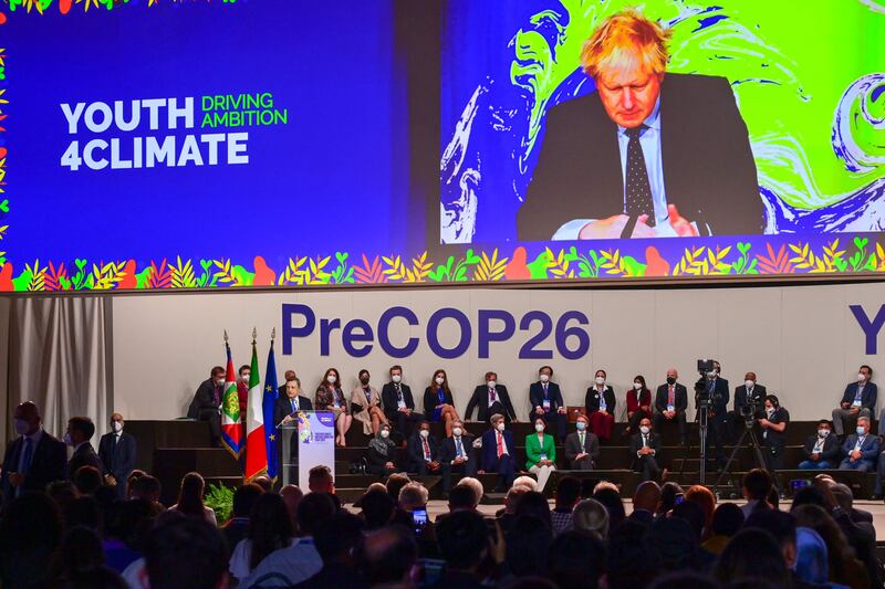 UK Prime Minister Boris Johnson and other global leaders address the Pre-COP 26 summit in Milan last month. AFP