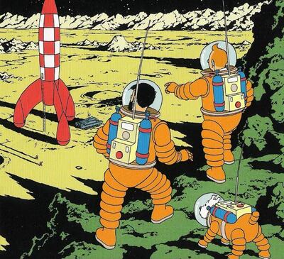Tintin, Captain Haddock and canine sidekick Snowy suited up in the 1953 comic adventure Destination Moon 