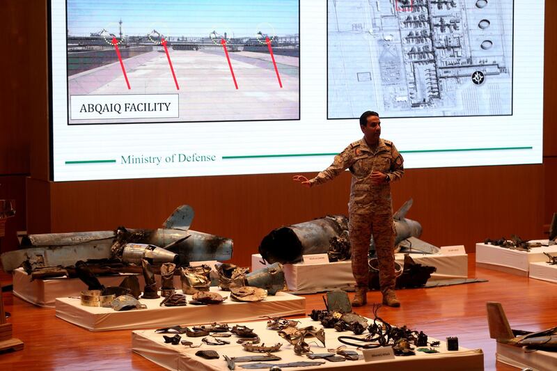 Saudi defence ministry spokesman Colonel Turki Al-Malik displays remains of the missiles which Saudi government says were used to attack an Aramco oil facility, during a news conference in Riyadh, Saudi Arabia September 18, 2019. REUTERS/Hamad I Mohammed