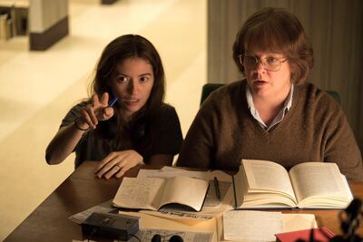This image released by Fox Searchlight Pictures shows director Marielle Heller, left, and Melissa McCarthy in a scene from "Can You Ever Forgive Me?" Heller failed to receive an Oscar nomination for best director while co-stars McCarthy and Richard E. Grant received nominations for best actress and supporting actor.  (Fox Searchlight Pictures via AP)
