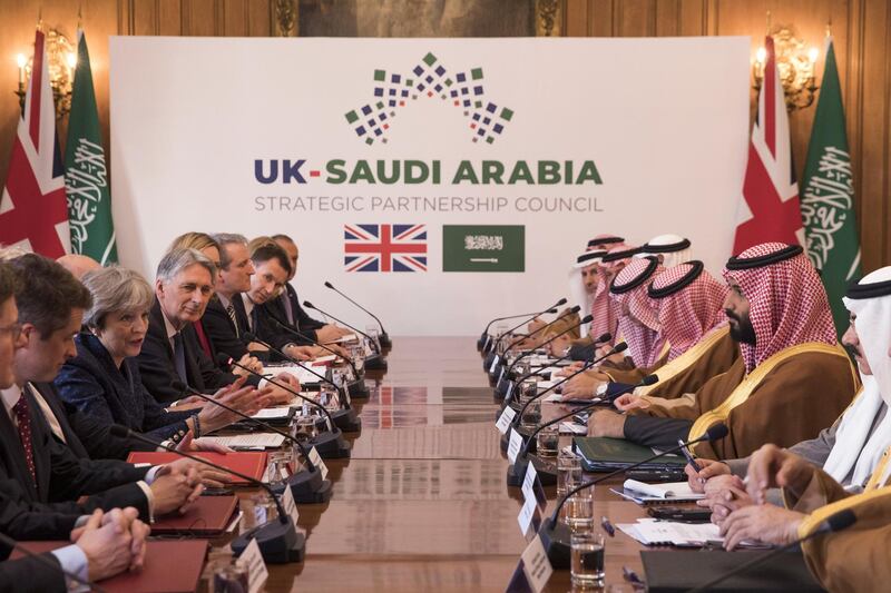 Mrs May and Prince Mohammed hold a meeting with members of the British government and Saudi Arabian ministers and delegates at No 10 Downing Street. Reuters